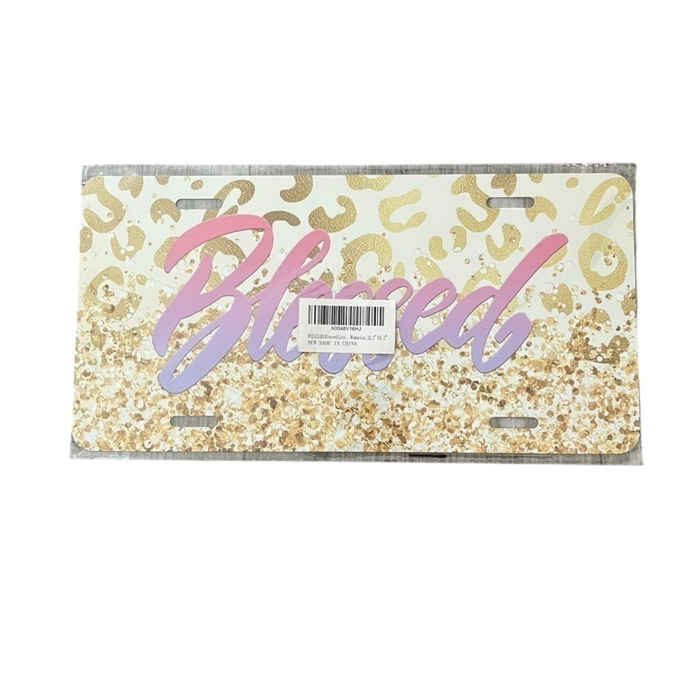 NWT “BLESSED” Pink & Gold Tiger Background Front License Plate - Picture 2 of 3